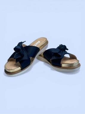 Platform Sandal Flip Flop Nina Navy Satin Gold Sz 5‎ EUC